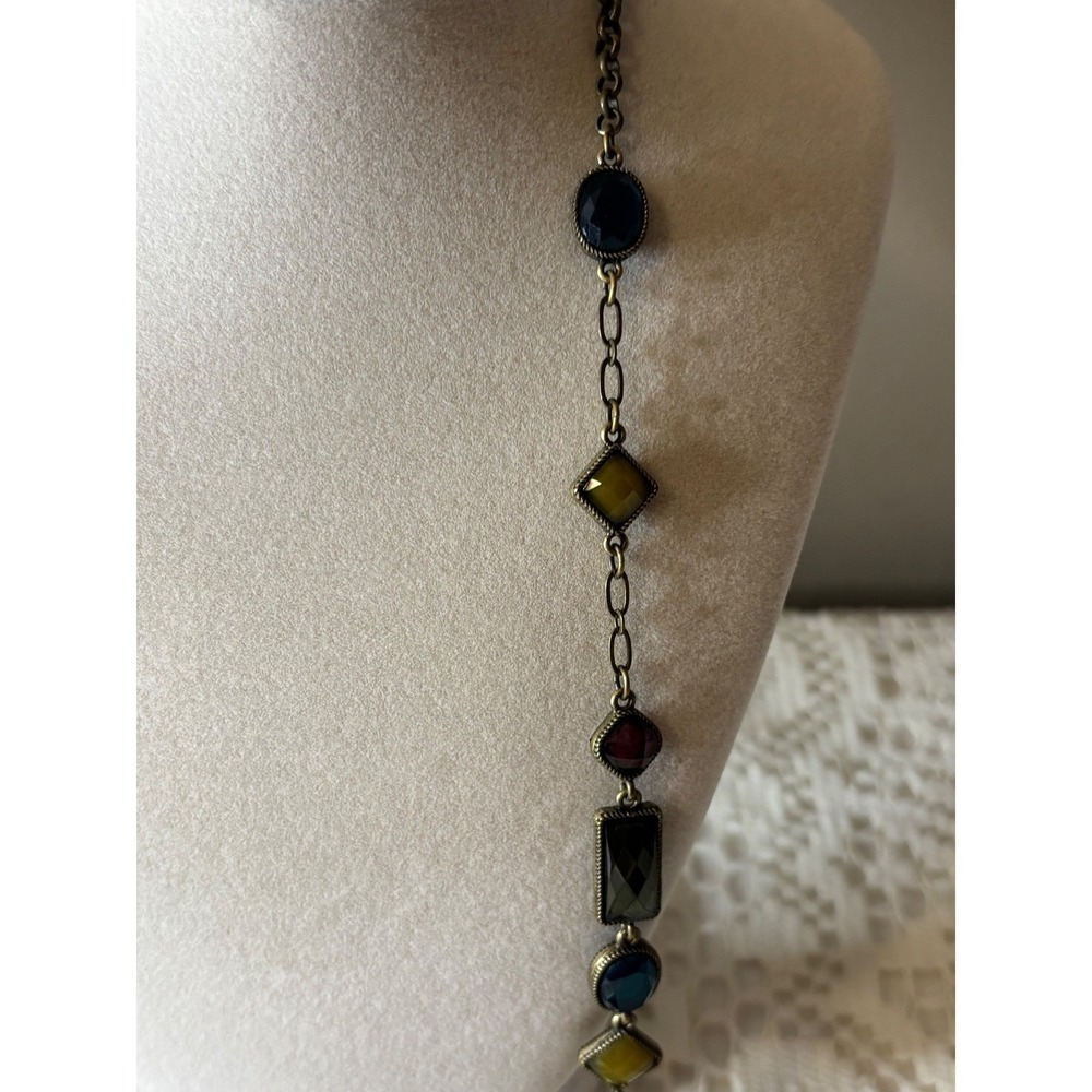 Avon N Ricci Multi Color Faux Gemstone Station Necklace Antique Brass Tone Long - Picture 3 of 9
